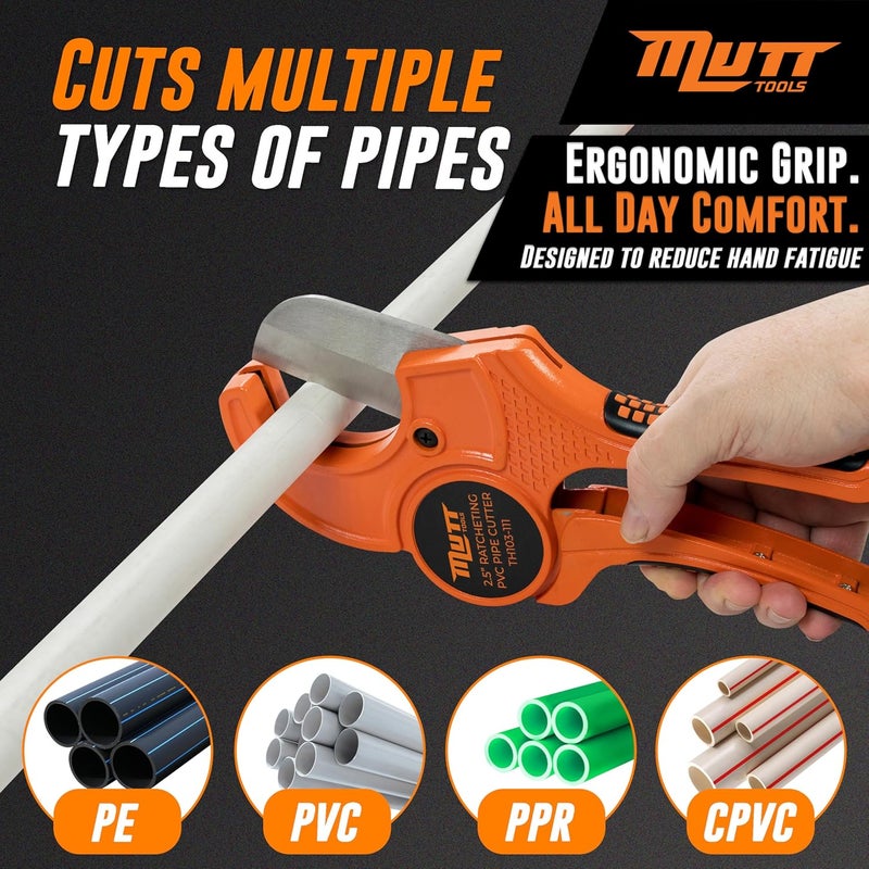 AMERICAN MUTT TOOLS Mutt Tools Professional 2-1/2 Inch PVC Pipe Cutter Tool - Heavy-Duty Ratcheting Pipe Cutter for PVC, CPVC, PEX, ABS Plastic Pipes - Cuts Up to 2.5 Inch Outer Diameter - Plumbing Cutting Tool - Image 4